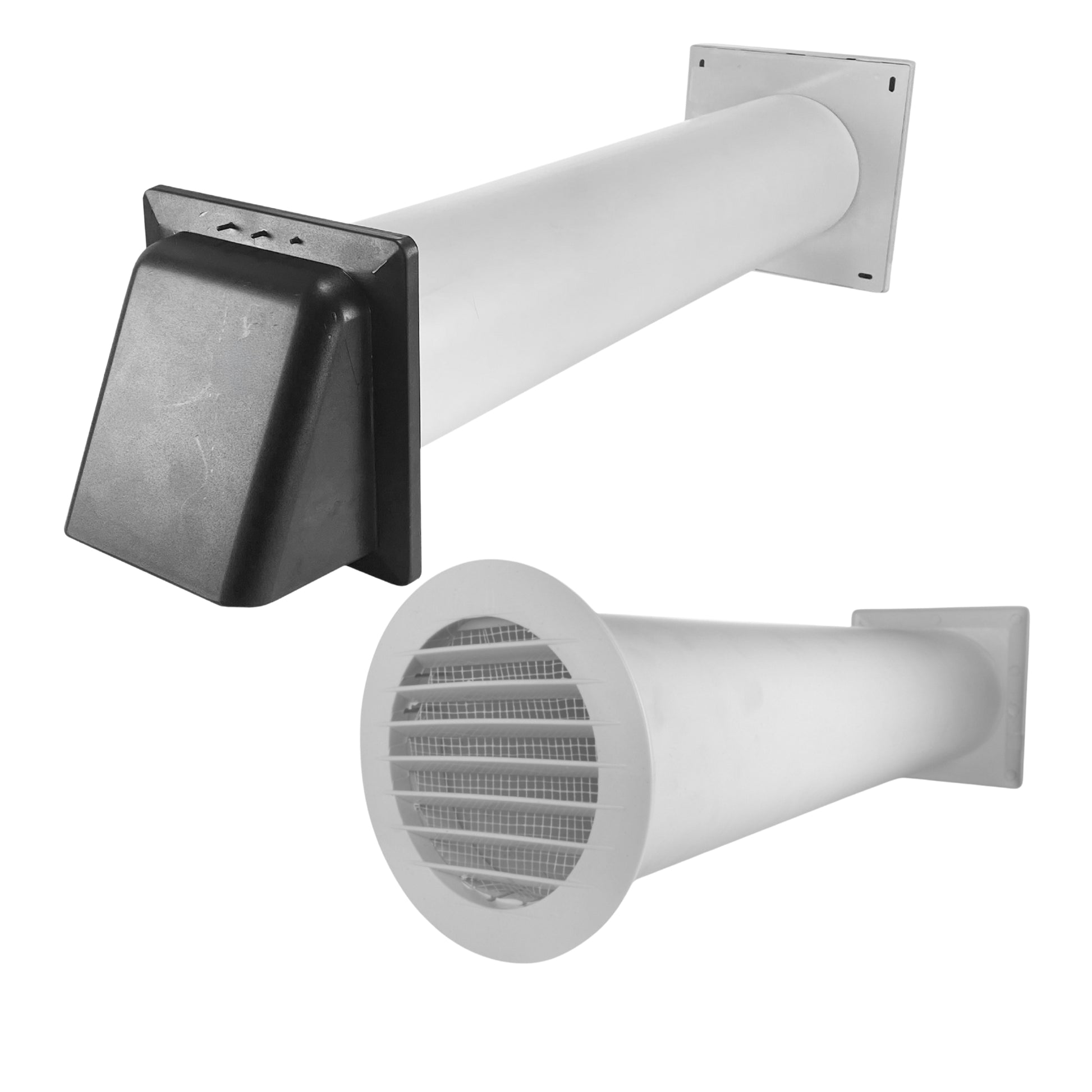 Through Wall Ventilation Kit – Round Louvre Vent with Fly Mesh, 50cm Rigid Duct Pipe & White External Hooded Cover with Damper – Durable Wall Air Vent for Bathroom, Kitchen & Home Use