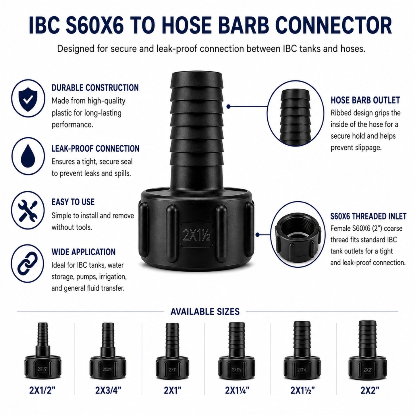 IBC Tank Hose Tail Adaptor S60x6 2" Coarse Thread Hose Barb Connector - Various Sizes
