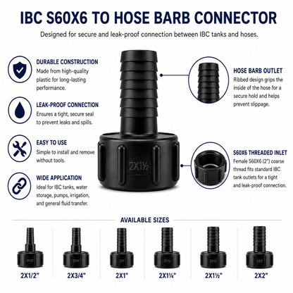 IBC Tank Hose Tail Adaptor S60x6 2" Coarse Thread Hose Barb Connector - Various Sizes