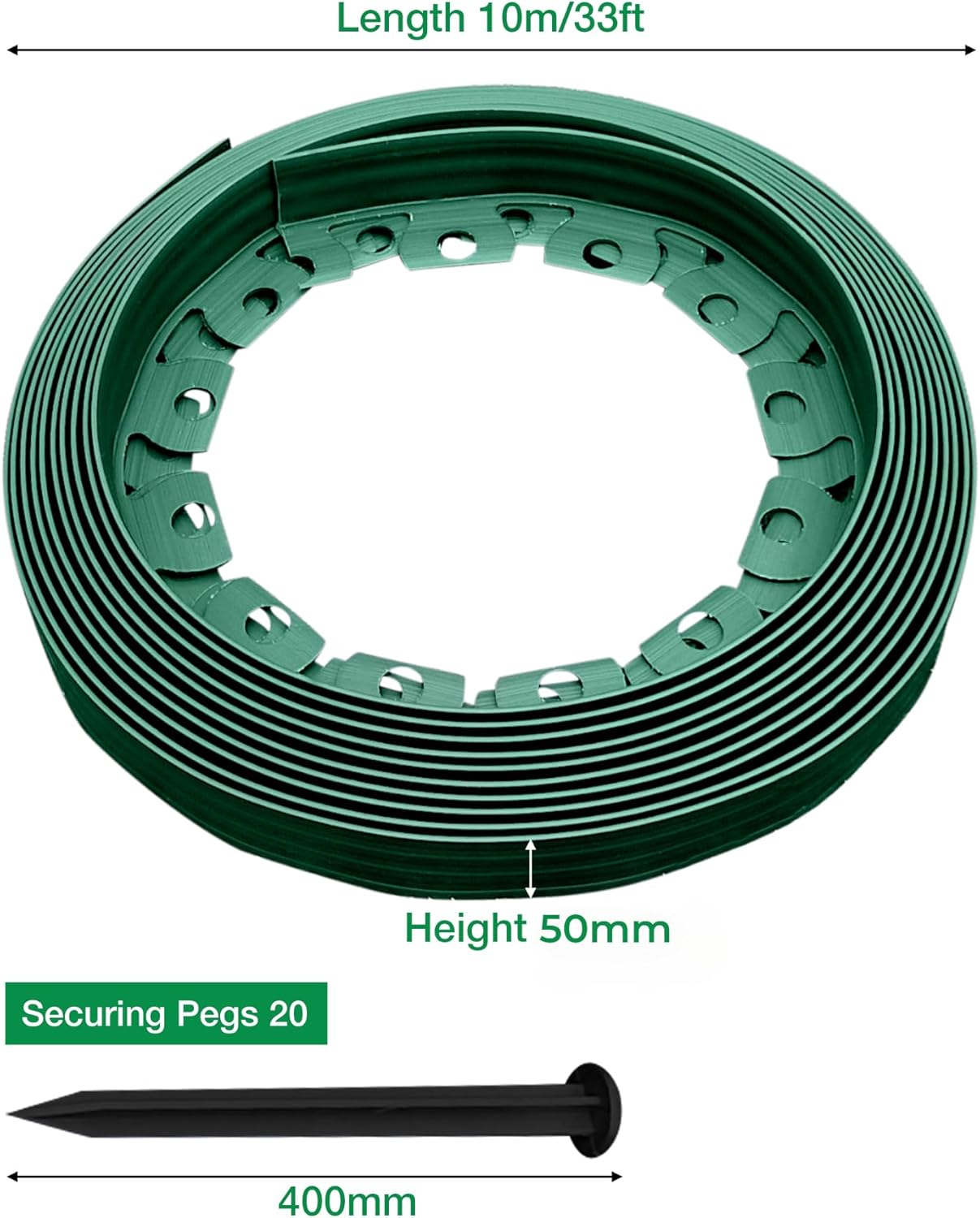 10m of Flexible Green Garden Edging Border - Complete with 20 Securing Pegs for Perfect Flower Beds, Lawns, and Pavement Design (60mm High)