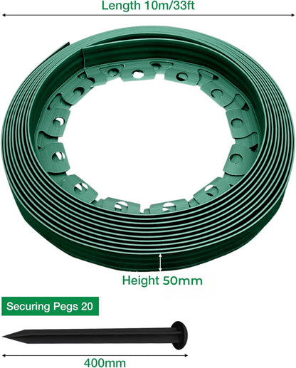 10m of Flexible Green Garden Edging Border - Complete with 20 Securing Pegs for Perfect Flower Beds, Lawns, and Pavement Design (60mm High)