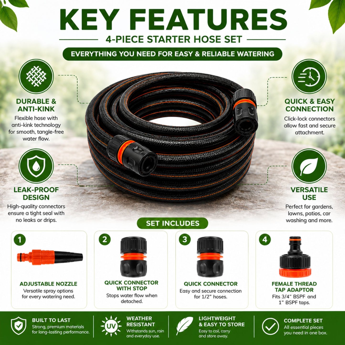 Premium Black Carbon Plus Garden Hose Pipe with 4-Piece Watering Connector Kit – Heavy Duty Anti-Kink UV Resistant Flexible Garden Hose for Watering, Car Washing & Outdoor Use