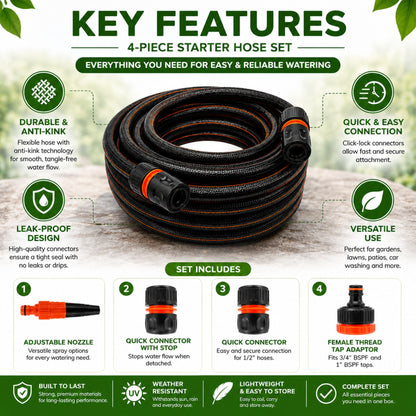 Premium Black Carbon Plus Garden Hose Pipe with 4-Piece Watering Connector Kit – Heavy Duty Anti-Kink UV Resistant Flexible Garden Hose for Watering, Car Washing & Outdoor Use