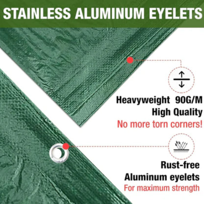 Green Tarpaulin 90GSM Heavy Duty, Waterproof Cover + 10 Bungee Balls - Durable Sheet for Garden, Trailer, Caravan, Camping, Home, Outdoor