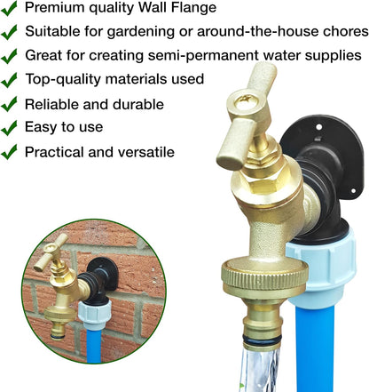 20mm MDPE Wall Flange Kit – Wall Plate Elbow ½ Brass Garden Tap with Click-Lock Hose Fitting and PTFE Tape