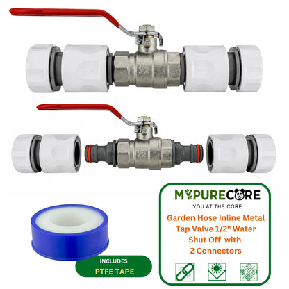 Garden Hose Inline Metal Tap Valve 1/2" with 2 Connectors & PTFE Tape | Water Shut Off Ball Valve for Irrigation, Sprinklers & Hosepipes
