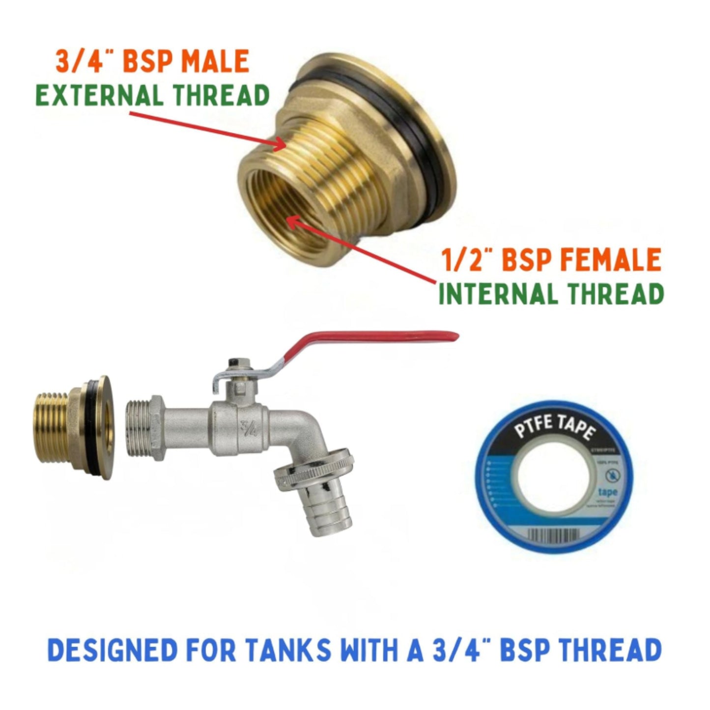 Water Butt Brass Kit 3/4" BSP to 1/2" – Heavy-Duty Brass Tank Connector with PTFE Tape & Lever Tap Options – Rainwater Harvesting, Barrels & IBC Containers