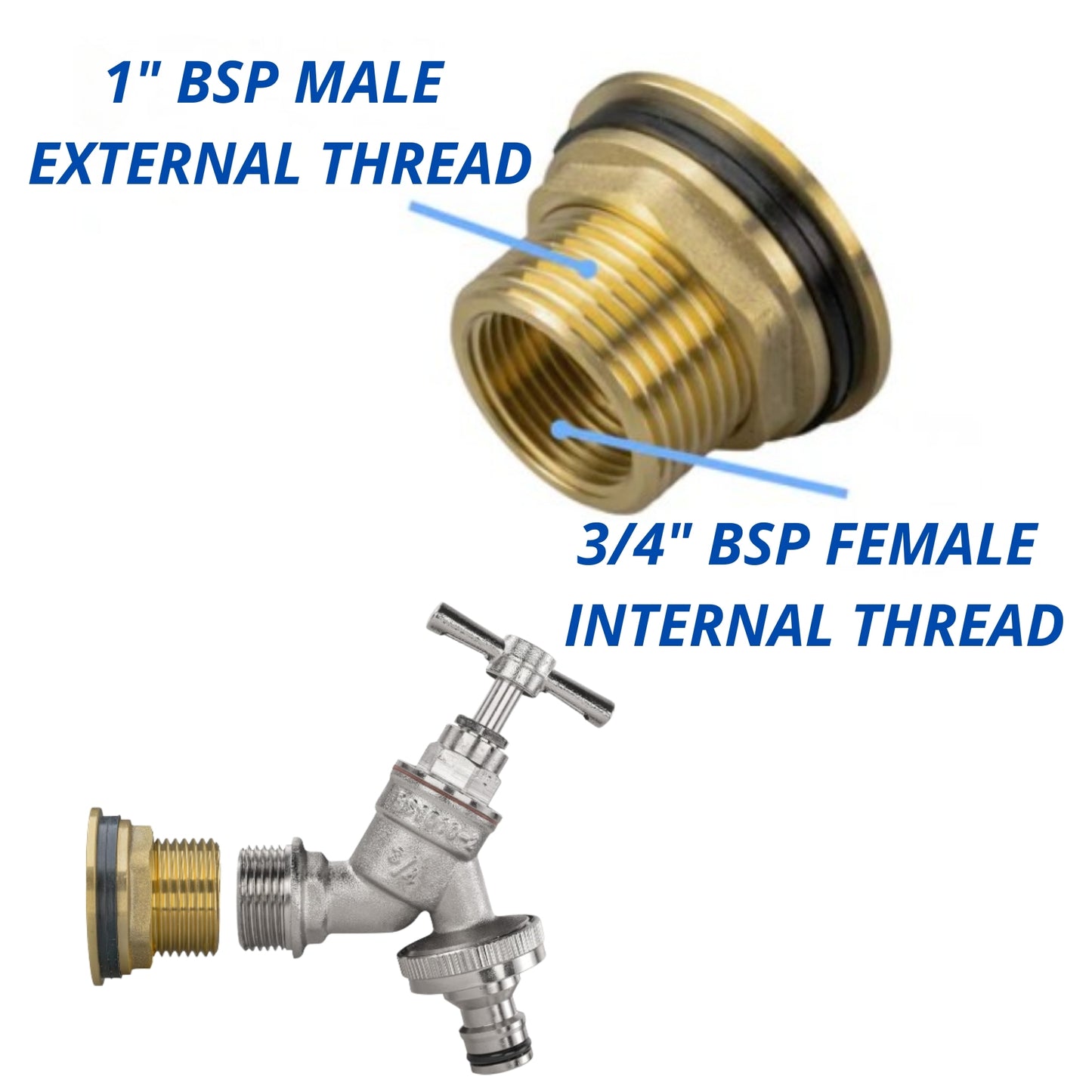Water Butt Brass Kit 1” BSP to 3/4” – Heavy-Duty Brass Tank Connector with PTFE Tape & Lever Tap Options – Rainwater Harvesting, Barrels & IBC Containers