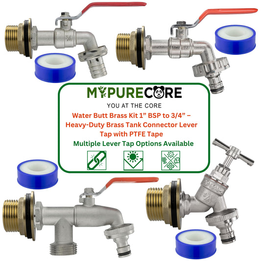Water Butt Brass Kit 1” BSP to 3/4” – Heavy-Duty Brass Tank Connector with PTFE Tape & Lever Tap Options – Rainwater Harvesting, Barrels & IBC Containers
