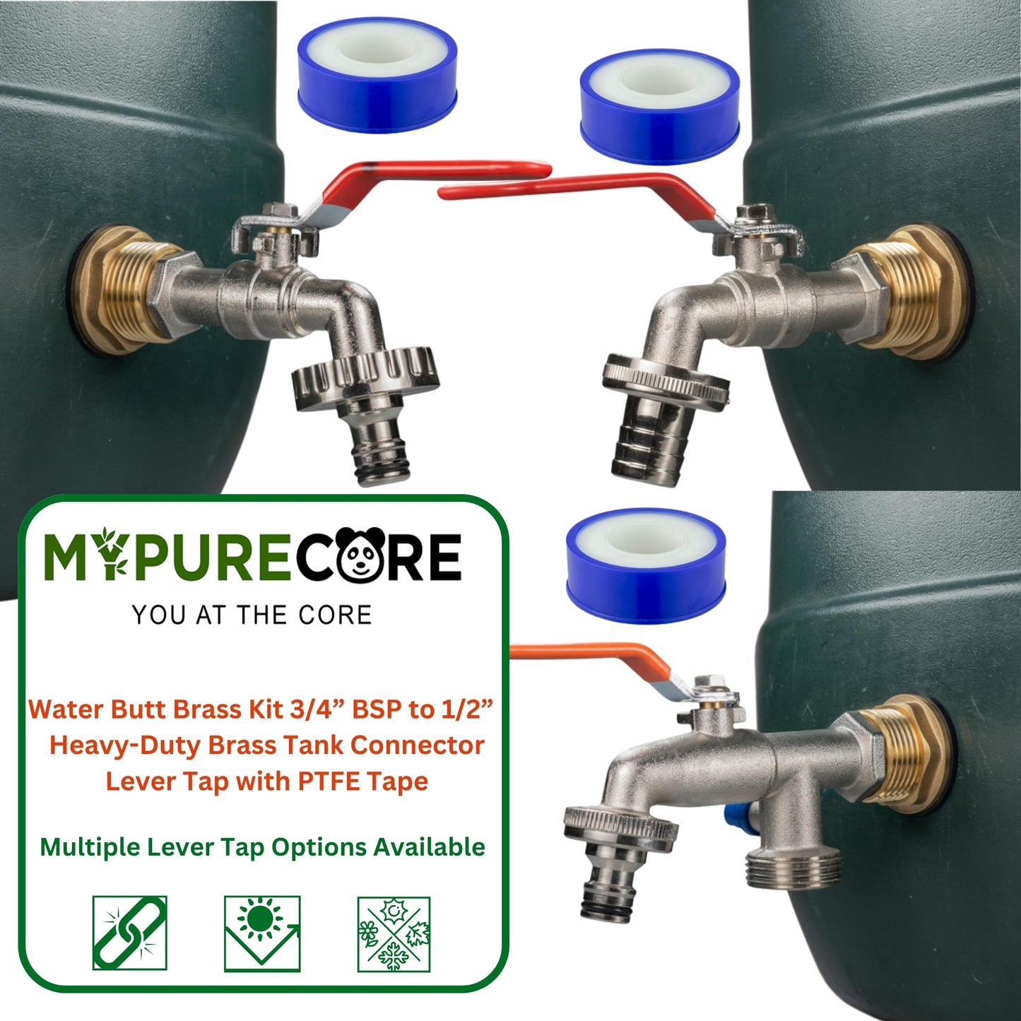 Water Butt Brass Kit 3/4" BSP to 1/2" – Heavy-Duty Brass Tank Connector with PTFE Tape & Lever Tap Options – Rainwater Harvesting, Barrels & IBC Containers