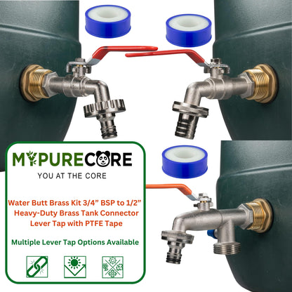 Water Butt Brass Kit 3/4" BSP to 1/2" – Heavy-Duty Brass Tank Connector with PTFE Tape & Lever Tap Options – Rainwater Harvesting, Barrels & IBC Containers