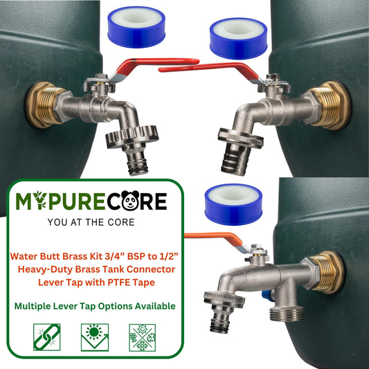 Water Butt Brass Kit 3/4" BSP to 1/2" – Heavy-Duty Brass Tank Connector with PTFE Tape & Lever Tap Options – Rainwater Harvesting, Barrels & IBC Containers
