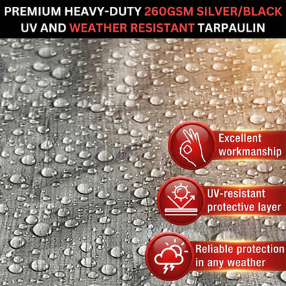 MYPURECORE Heavy Duty Waterproof Tarpaulin 260GSM Silver/Black Tarp with 10 Bungee Balls - Durable Weatherproof Tarp Sheet for Camping, Garden, Trailer, Tent & Outdoor Protection