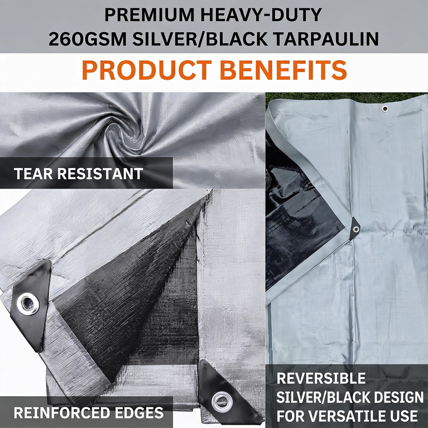 MYPURECORE Heavy Duty Waterproof Tarpaulin 260GSM Silver/Black Tarp with 10 Bungee Balls - Durable Weatherproof Tarp Sheet for Camping, Garden, Trailer, Tent & Outdoor Protection