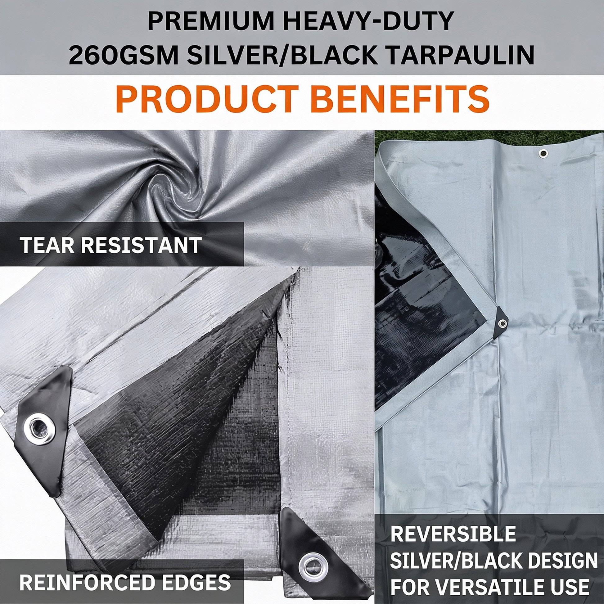 MYPURECORE Heavy Duty Waterproof Tarpaulin 260GSM Silver/Black Tarp with 10 Bungee Balls - Durable Weatherproof Tarp Sheet for Camping, Garden, Trailer, Tent & Outdoor Protection