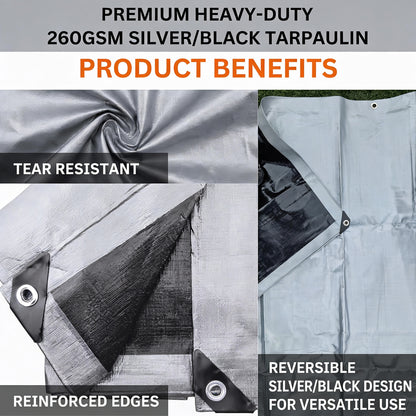 MYPURECORE Heavy Duty Waterproof Tarpaulin 260GSM Silver/Black Tarp with 10 Bungee Balls - Durable Weatherproof Tarp Sheet for Camping, Garden, Trailer, Tent & Outdoor Protection