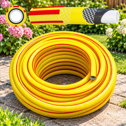 Garden Hose Yellow 6 Layer 1/2" with Brass Quick Connector & 90° Elbow Set