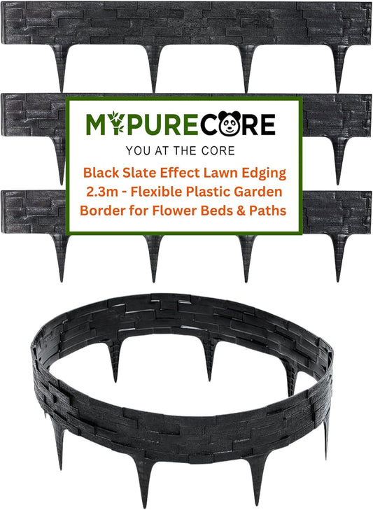 Black, Brown, Gray Stone Effect Lawn Edging 2.3m - Flexible Plastic Garden Border for Flower Beds & Paths | Weather-Resistant & Recyclable Palisade | Easy Install Edging for Grass, Gravel & Landscape