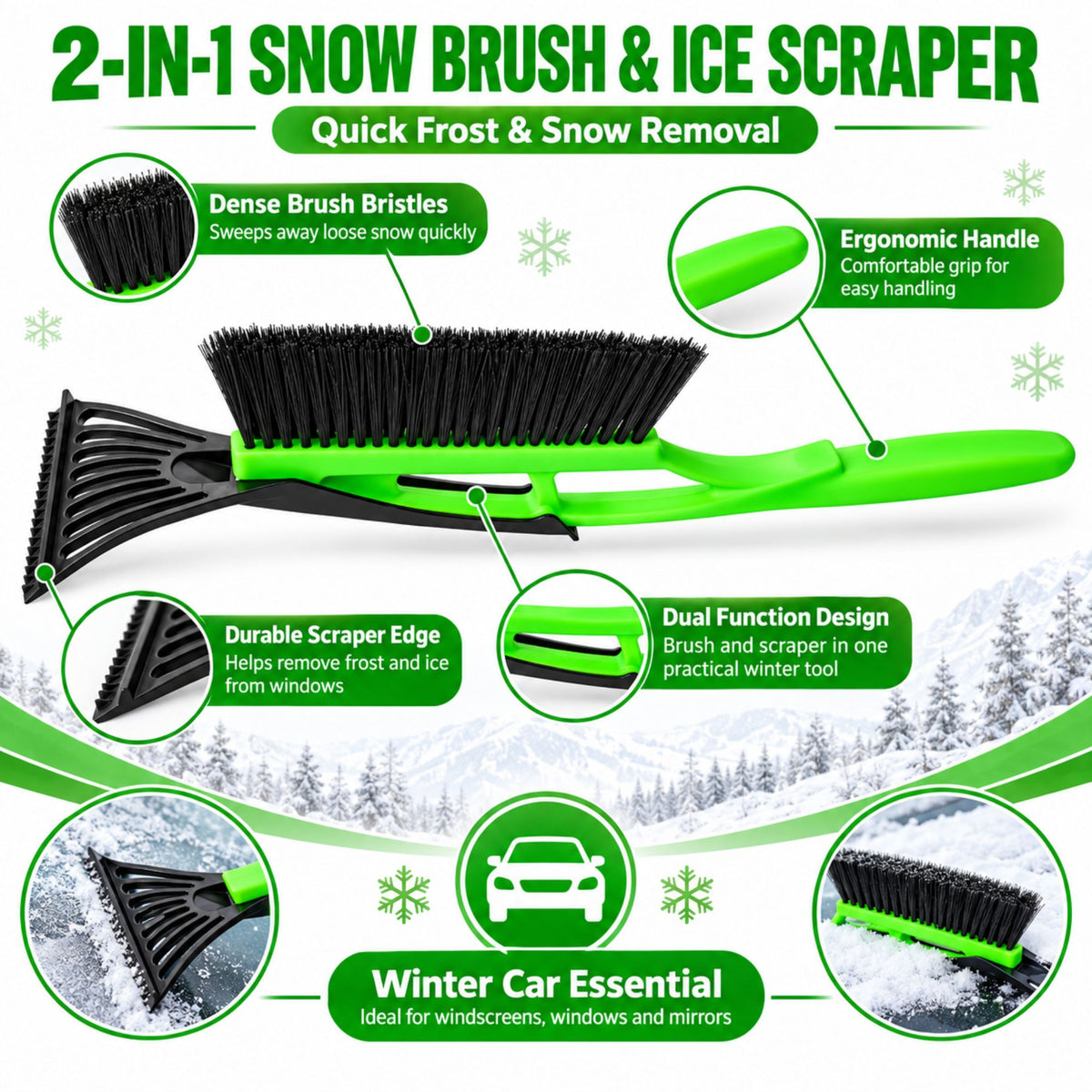 Snow Brush Ice Scraper Windscreen Car Window Frost De-Icer Winter Black Green Handheld