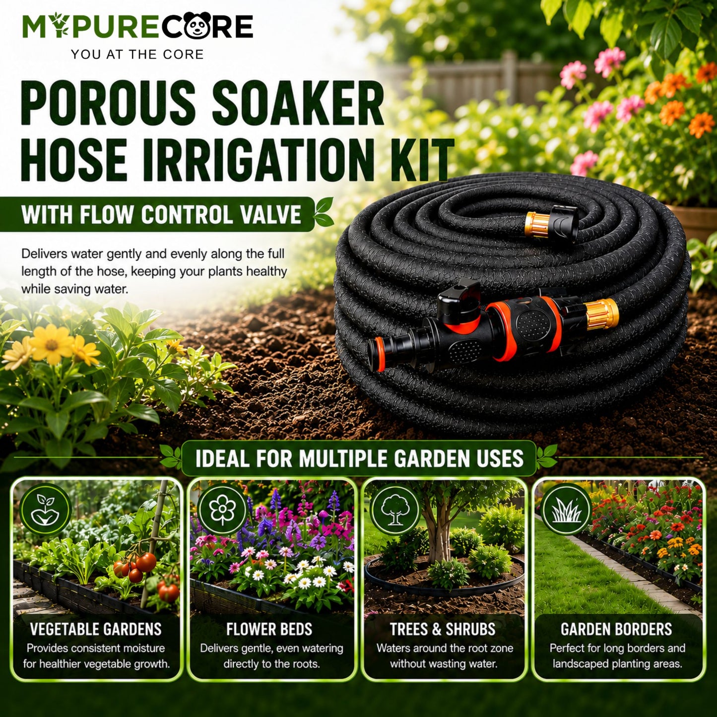 Porous Soaker Hose Irrigation Kit with Flow Control Valve | Flexible Garden Watering Hose Root Irrigation System | 7.5m - 30m