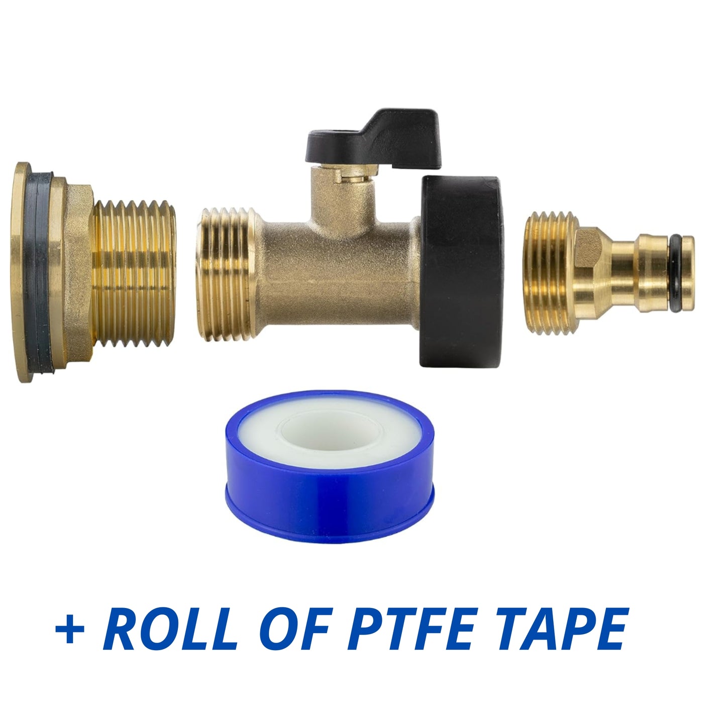 Solid Brass Water Butt Outlet Connector Threaded Adaptor with Washers, Nut & PTFE Tape for Rain Barrels, Tanks & Water Storage Systems