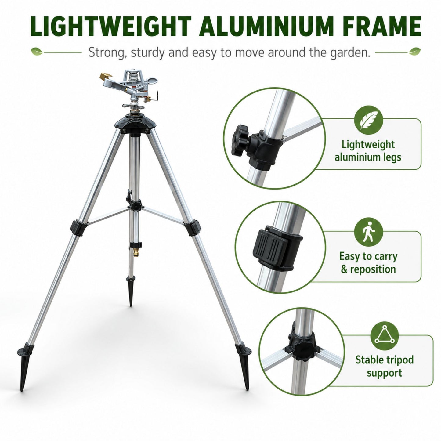 Aluminium Tripod Impact Sprinkler with Female Hose Connector, Adjustable 55-105cm Telescopic Garden Watering Stand with Spiked Feet for Lawns, Borders & Allotments