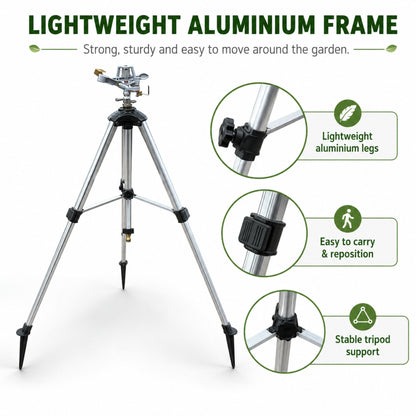 Aluminium Tripod Impact Sprinkler with Female Hose Connector, Adjustable 55-105cm Telescopic Garden Watering Stand with Spiked Feet for Lawns, Borders & Allotments
