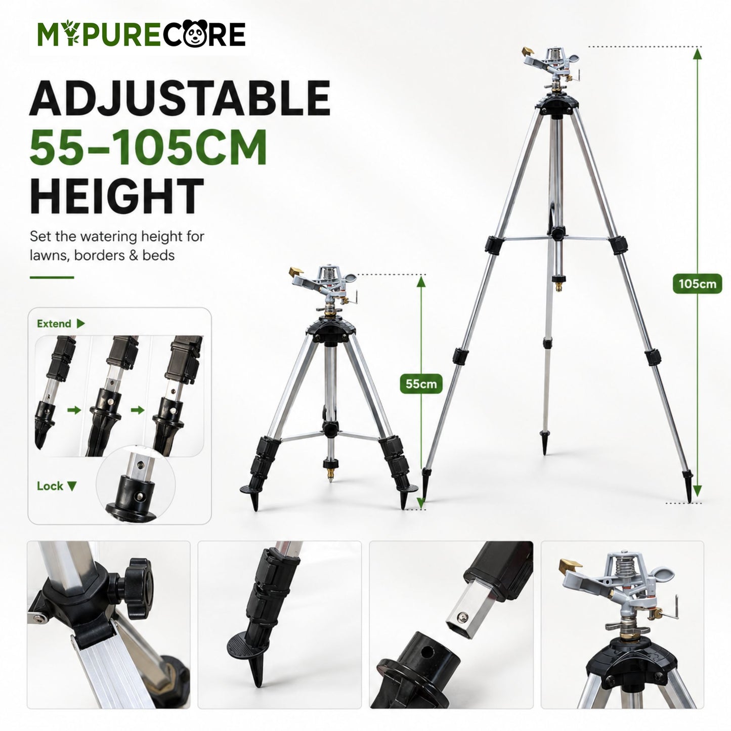 Aluminium Tripod Impact Sprinkler with Female Hose Connector, Adjustable 55-105cm Telescopic Garden Watering Stand with Spiked Feet for Lawns, Borders & Allotments