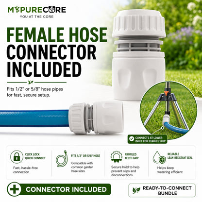 Pulsating Lawn Sprinkler on Tripod 90cm with Female Hose Connector, Adjustable Impact Garden Sprinkler with Spray Arc Control, Metal Spiked Stand & 450m² Coverage