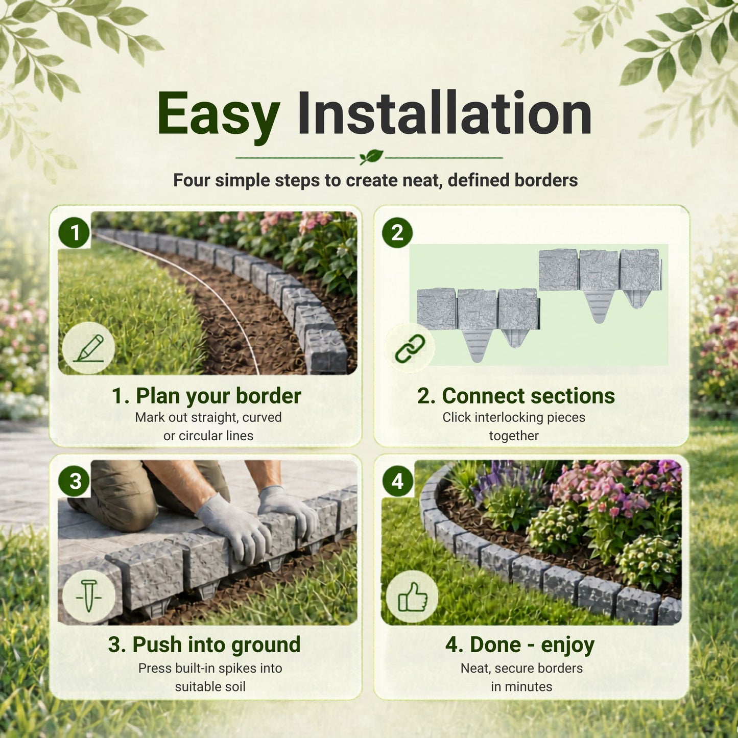 Lawn Edging Garden Border Stone Effect with Built-in Spikes, Flexible Interlocking Plastic Lawn & Flower Bed Edging for Paths, Patios, Borders & Landscaping