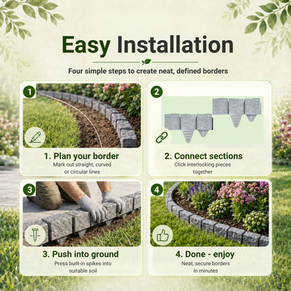 Lawn Edging Garden Border Stone Effect with Built-in Spikes, Flexible Interlocking Plastic Lawn & Flower Bed Edging for Paths, Patios, Borders & Landscaping