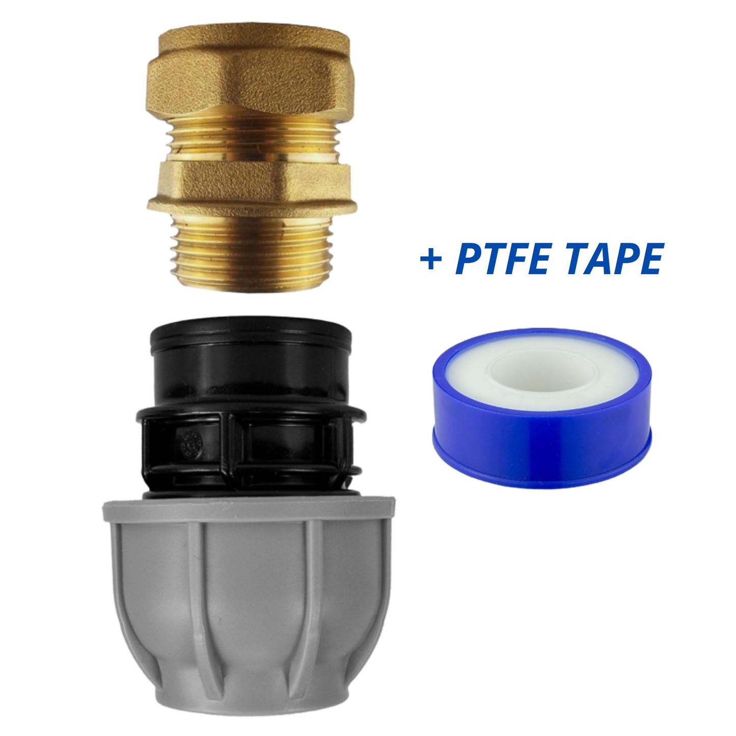 MDPE Fittings to Copper Adaptor Sets, including PTFE Tape - Straight, Elbow, Tee, Valve - 15mm 22mm 28mm 32mm Brass Compression