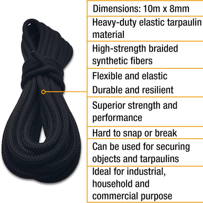 Bungee Cord – 10m x 8mm Elasticated Tarpaulin Bungee Cord – Heavy-Duty Tarpaulin Elastic Cord – Shock Securing Cord for Tarpaulins, Trailers, Camping, Sailboats and Industrial Use