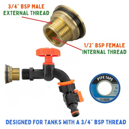 Water Butt Brass Kit 3/4" BSP to 1/2" with Drill Bit – Heavy-Duty Brass Tank Connector with Black Dial Tap for Rainwater Harvesting & Water Storage
