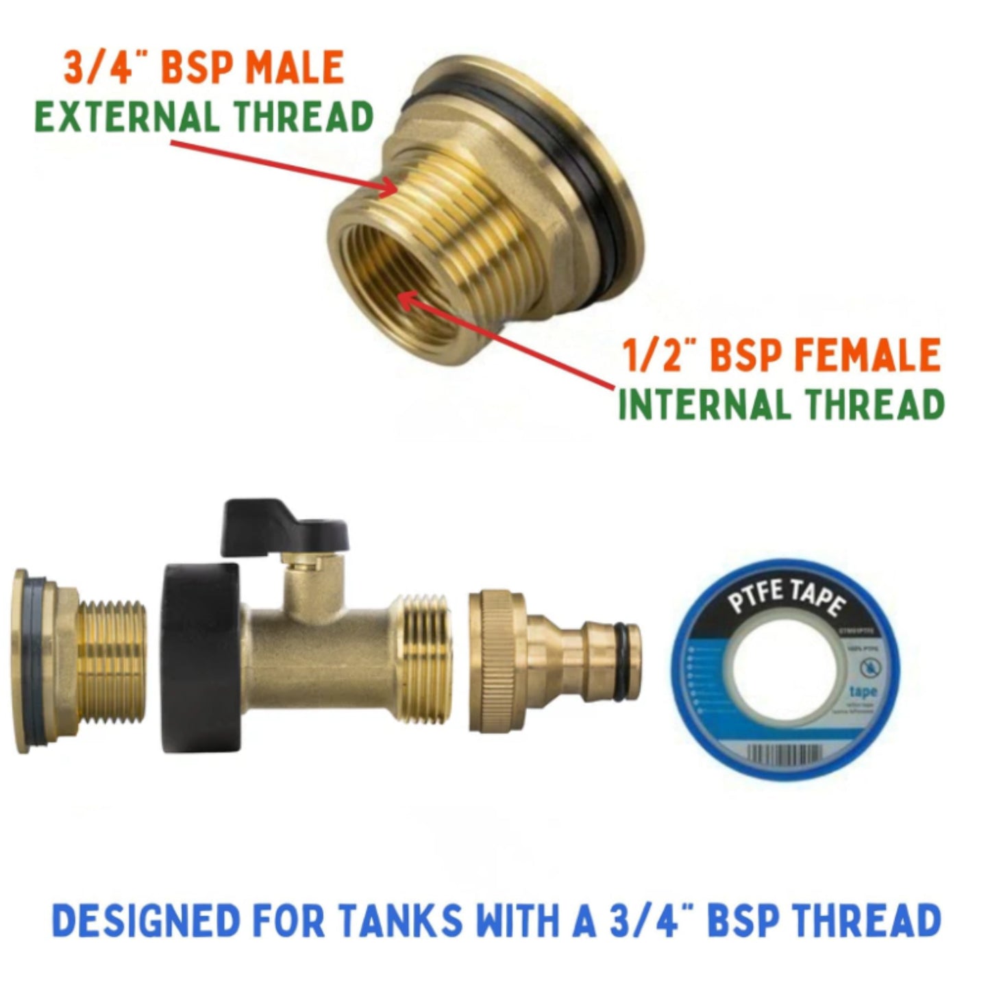 Water Butt Brass Kit 3/4" BSP to 1/2" – Heavy-Duty Brass Tank Connector with Tap Options for Rainwater Harvesting & IBC Containers