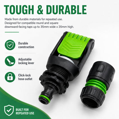 Tap Connector Adapter for Round & Square Taps | Adjustable Click-Lock Hose Fitting with 1/2" & 5/8" Female Connector