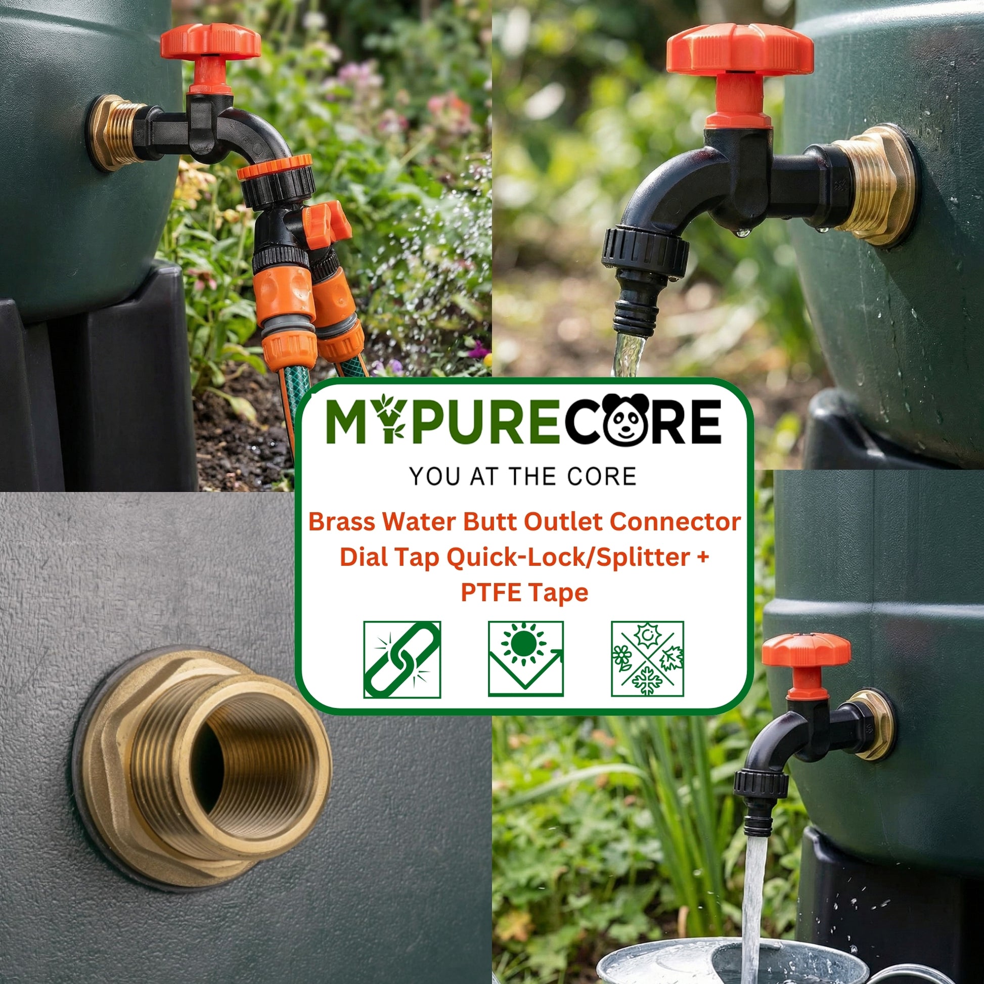 Heavy Duty Solid Brass Water Butt Outlet Connector with Dial Tap, Quick-Lock or Two-Way Splitter + PTFE Tape for Rain Barrels and Water Tanks