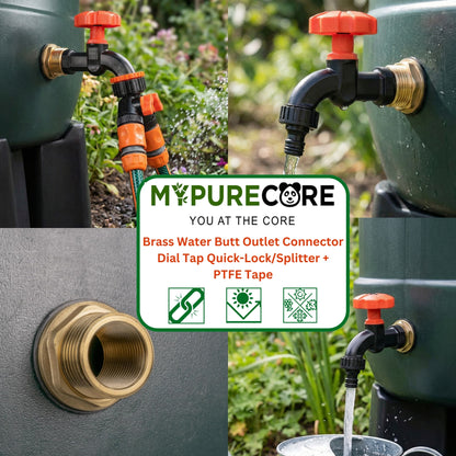 Heavy Duty Solid Brass Water Butt Outlet Connector with Dial Tap, Quick-Lock or Two-Way Splitter + PTFE Tape for Rain Barrels and Water Tanks
