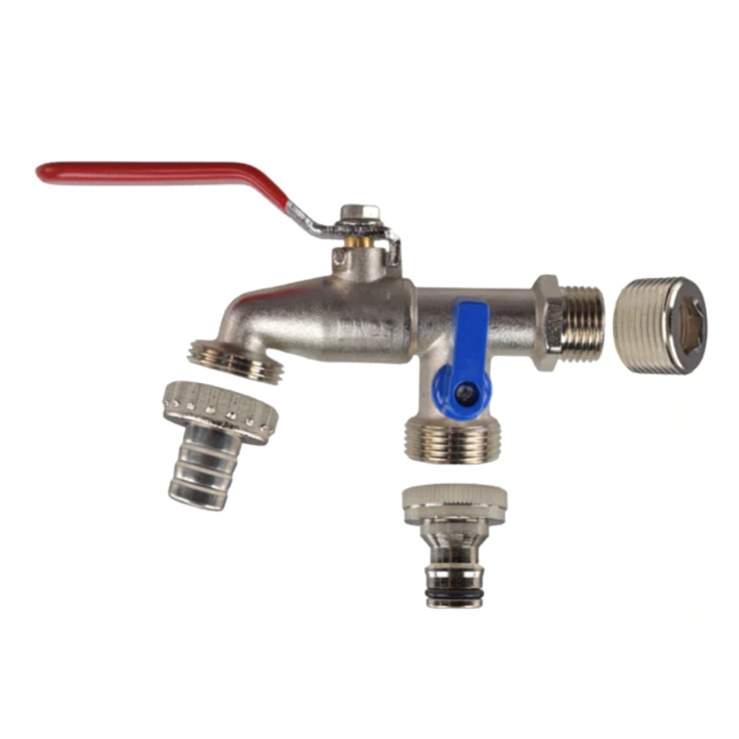 Double Garden Tap Kit with 1/2” & 3/4” BSP Adapter, Dual Lever Outdoor Water Tap with Quick Connect Fitting, Barbed Hose Outlet & PTFE Tape for Garden Hose, Irrigation & Greenhouse Use