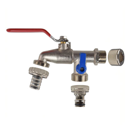 Double Garden Tap Kit with 1/2” & 3/4” BSP Adapter, Dual Lever Outdoor Water Tap with Quick Connect Fitting, Barbed Hose Outlet & PTFE Tape for Garden Hose, Irrigation & Greenhouse Use