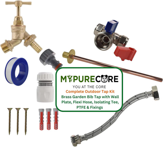 Complete Outdoor Tap Kit Brass Garden Bib Tap with Wall Plate, Flexi Hose, Isolating Tee, PTFE & Fixings - DIY Outside Tap Installation Kit for Hose, Jet Wash, Garden Water Access