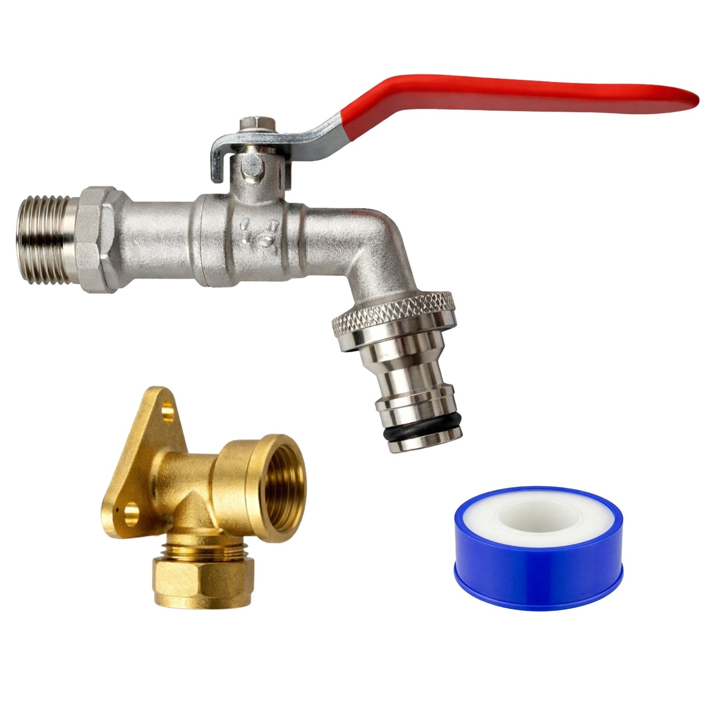 Garden Outdoor Tap Kit with 15mm Brass Compression Wall Plate – Tap Options with Hose Connector Compatibility, PTFE Tape Included for Garden Watering, Irrigation, Outdoor Use