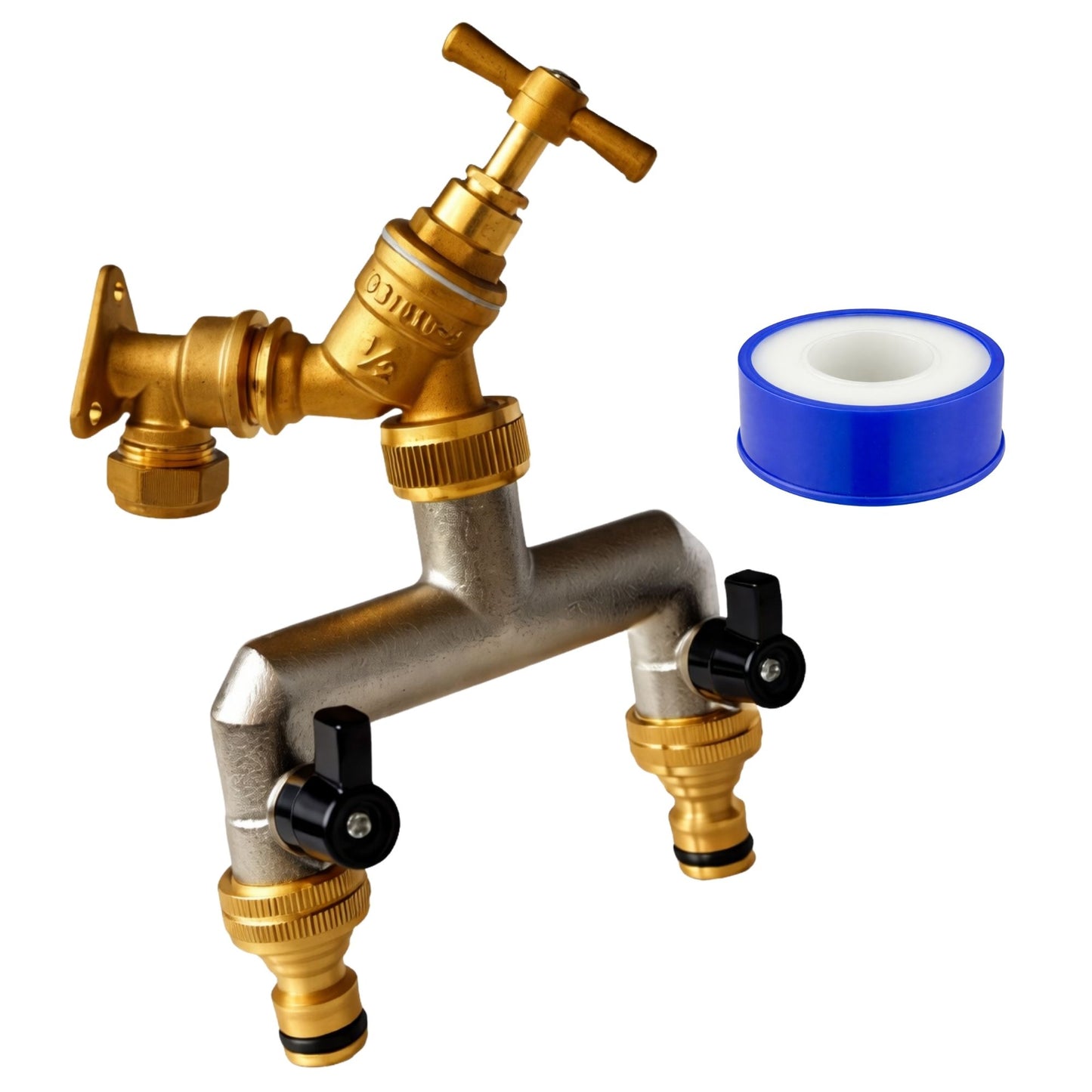 Garden Outdoor Tap Kit with 15mm Brass Compression Wall Plate – Tap Options with Hose Connector Compatibility, PTFE Tape Included for Garden Watering, Irrigation, Outdoor Use
