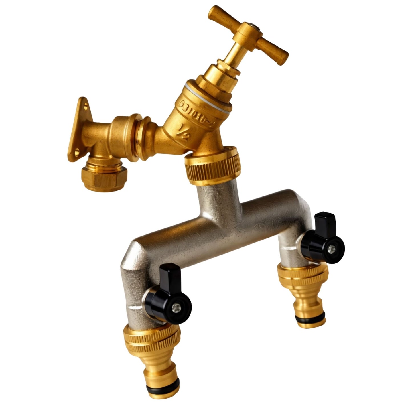 Garden Outdoor Tap Kit with 15mm Brass Compression Wall Plate – Tap Options with Hose Connector Compatibility, PTFE Tape Included for Garden Watering, Irrigation, Outdoor Use