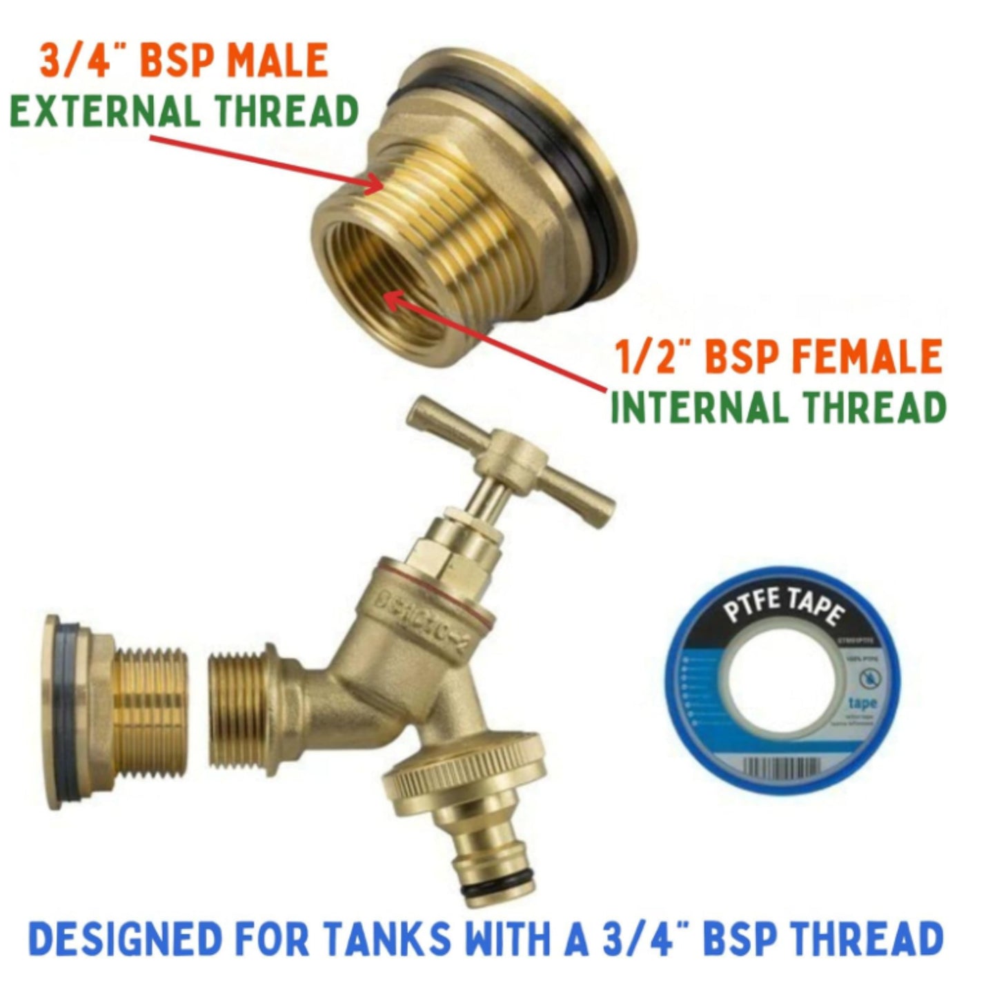 Water Butt Brass Kit 3/4" BSP to 1/2" – Heavy-Duty Brass Tank Connector with Tap Options for Rainwater Harvesting & IBC Containers
