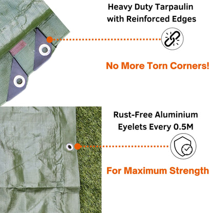 MYPURECORE Heavy Duty Waterproof Tarpaulin 220GSM Green/Brown Tarp with 10 Bungee Balls - Durable Weatherproof Tarp Sheet for Camping, Garden, Trailer, Tent & Outdoor Protection