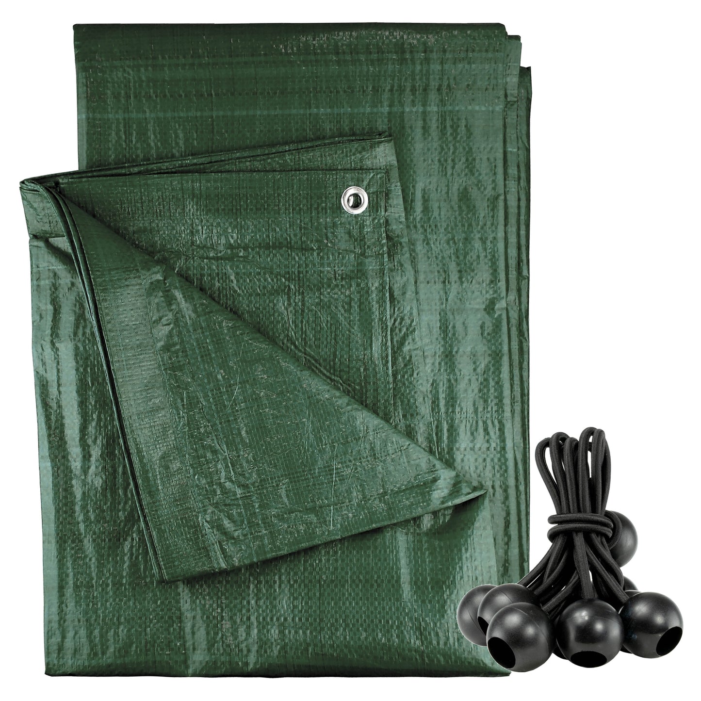 Green Tarpaulin 90GSM Heavy Duty, Waterproof Cover + 10 Bungee Balls - Durable Sheet for Garden, Trailer, Caravan, Camping, Home, Outdoor