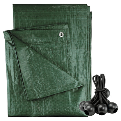 Green Tarpaulin 90GSM Heavy Duty, Waterproof Cover + 10 Bungee Balls - Durable Sheet for Garden, Trailer, Caravan, Camping, Home, Outdoor
