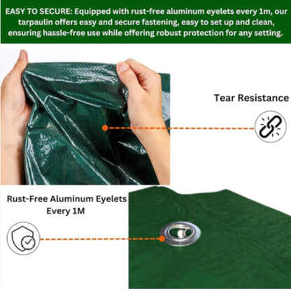 Green Tarpaulin 90GSM Heavy Duty, Waterproof Cover + 10 Bungee Balls - Durable Sheet for Garden, Trailer, Caravan, Camping, Home, Outdoor