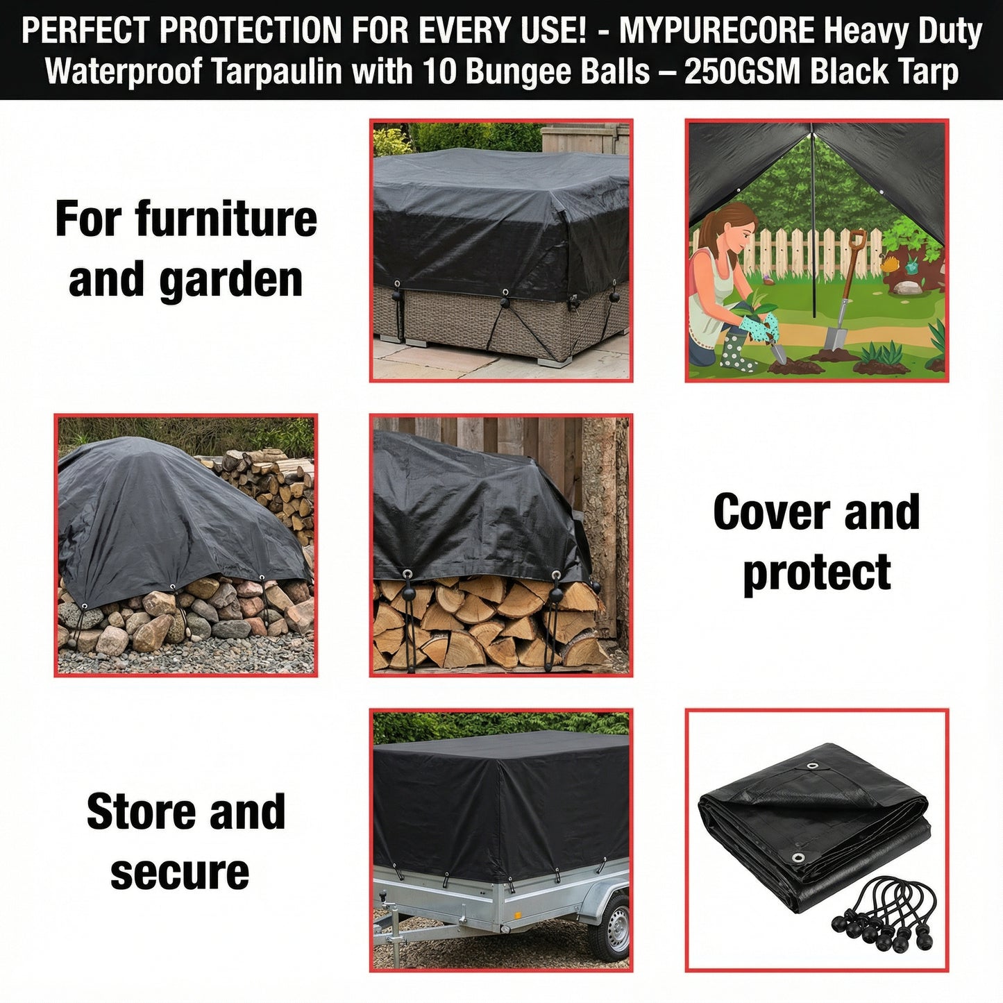 MYPURECORE Heavy Duty Waterproof Tarpaulin 250GSM Black Tarp with 10 Bungee Balls - Durable Weatherproof Tarp Sheet for Camping, Garden, Trailer, Tent & Outdoor Protection